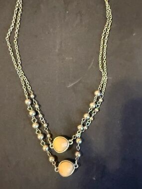 Double Strand Silver Necklace with Tan Stones - Women Jewelry